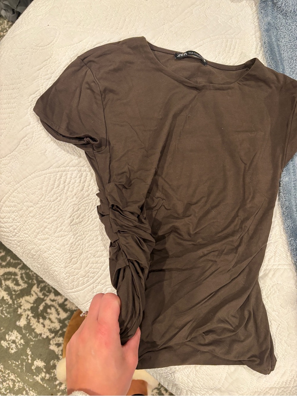 Zara Chocolate Brown Short Sleeve Ruched Side Tee